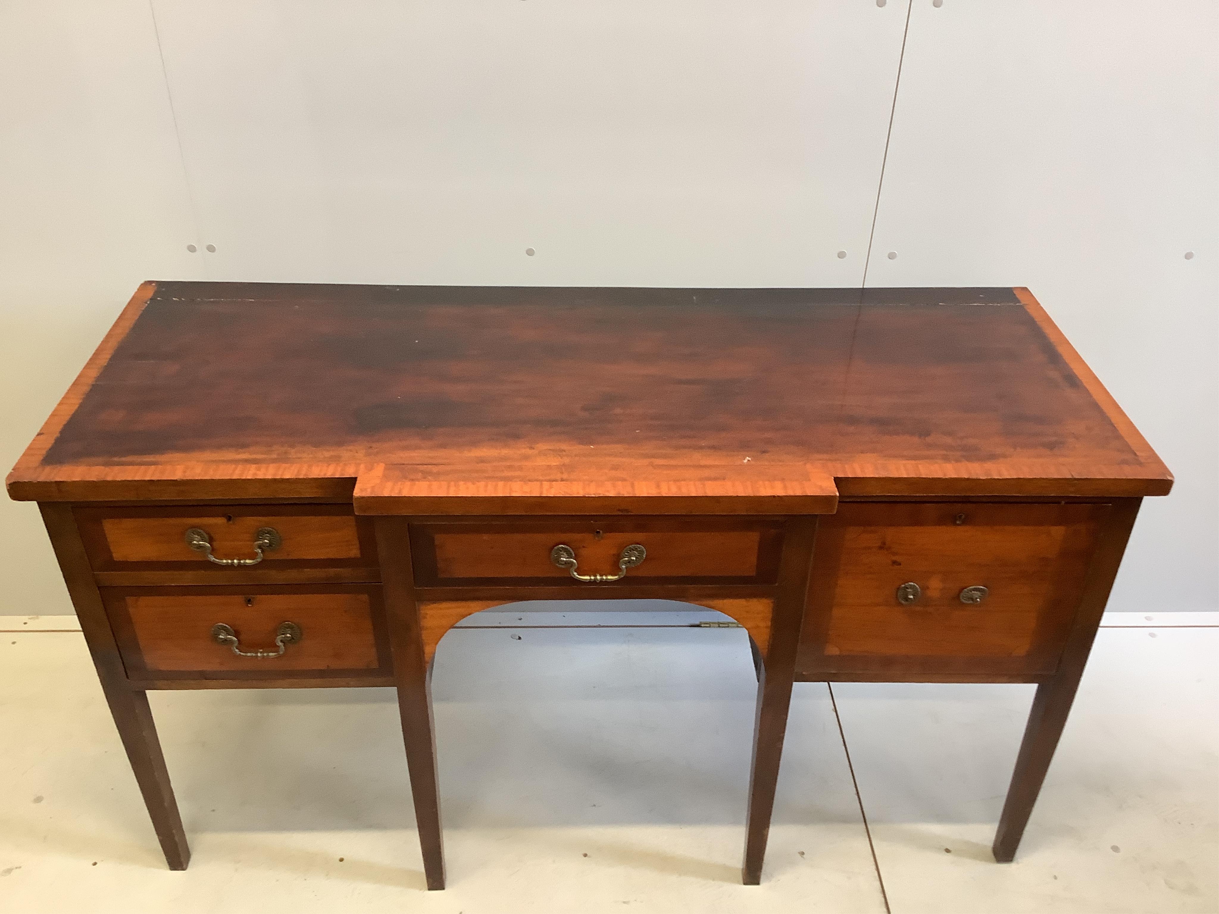 A George III and later satinwood banded mahogany breakfront sideboard, width 155cm, depth 63cm, height 87cm. Condition - poor